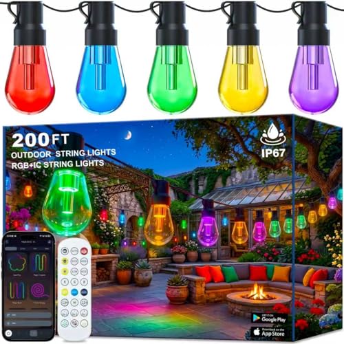 NUERPO Outdoor String Lights, 200FT RGB+IC Outside Light Dimmable Shatterproof LED Bulbs, IP67 Waterproof Chasing Effect Lighting DreamColor Patio Strip Lights for Backyard, Balcony, Outdoor Living - size: 200FT String Lights