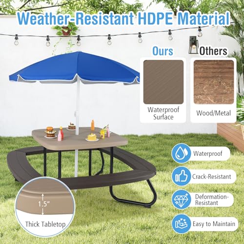 HONEY JOY Kids Picnic Table, 8 Person Toddler Outdoor Table and Chair Set, 4 Built-in Benches, Removable Umbrella, Metal Frame & HDPE Top, Children Outdoor Furniture for Backyard Patio Garden (Coffee) - color: Coffee