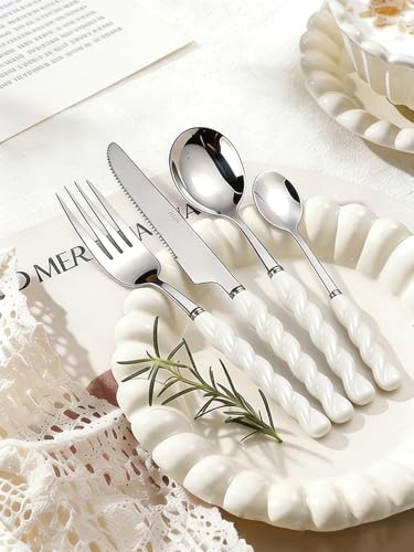 Stainless Steel Flatware Set, 4-Piece Heavy Duty Cutlery Set with Dinner Knife, Fork & Spoons, Tableware Gift for Daily Use Wedding Housewarming Baby Shower Birthday Gifts(White) - color: White