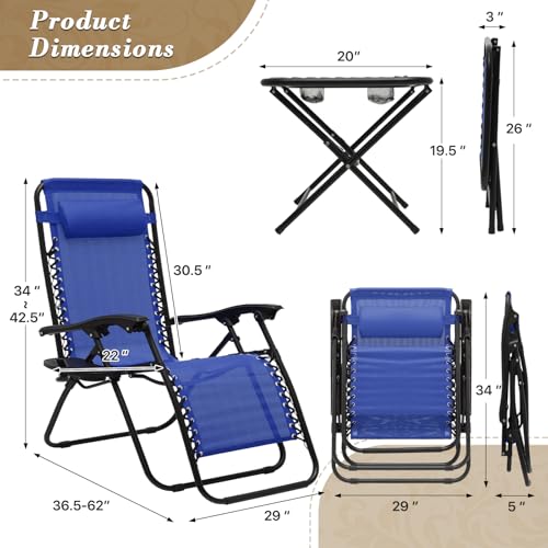 Athena Collection Zero Gravity Outdoor Lounge Chair Set of 2 with Side Table, 29" Width Pool Lounge Lawn Chairs Reclining with Cup Holder, Outdoor Chaise for Beach Patio Backyard Outside, Blue - color: Blue, style: 29" Width