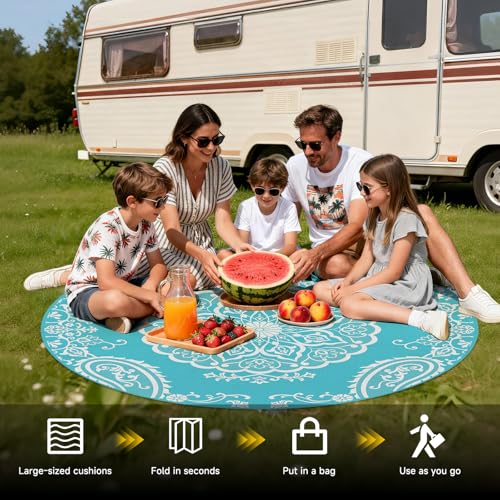 Pauwer Waterproof Outdoor Rug 6ft, Reversible Plastic Straw Patio Camping Rug, Indoor Outdoor RV Mat Carpet for Deck, Camper, Porch, Balcony, Backyard, Picnic, Boho Teal - color: Boho Teal, size: 6' (Round)