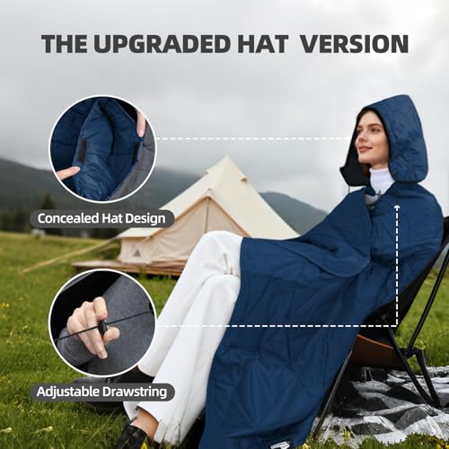 Large Outdoor Waterproof Blanket Extra Thick Fleece Stadium Blanket for Camping, Car, Pet, Picnics - Windproof, Wearable, Machine Washable 80" x 58" (Deep Blue,Hooded) - color: Hooded-deep Blue