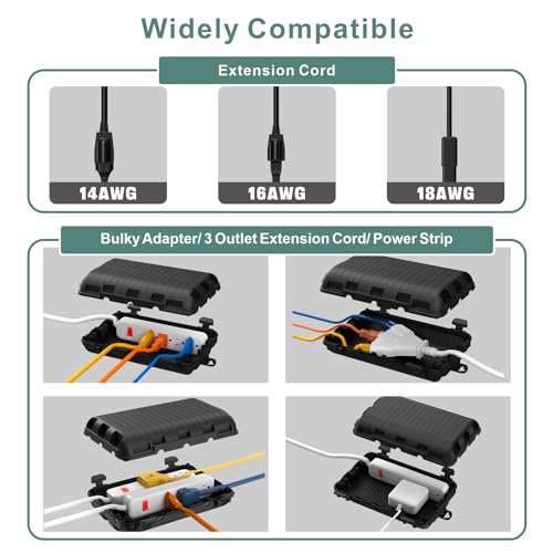 Outdoor Electrical Box(9.05x6.61x2.67inch), IP54 Waterproof Extension Cord Cover 9 Cable Entry Ports Connection Hider Box Safety Protector, Protect Plug, Holiday Light, Timer,and Power Strip, Black - color: Black