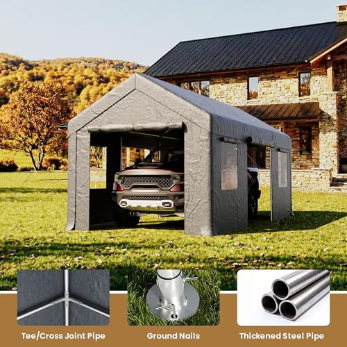 COSIEST 10'×20' Storage Shelter Outdoor Gable Roof Carport with Removable Side Walls, Heavy-Duty Garage Canopy Weatherproof PE Cover, Multi-Purpose Vehicle/Tractor Shed for Backyard/Driveway/Farm - color: Gray, size: 10x20 FT Gable Roof