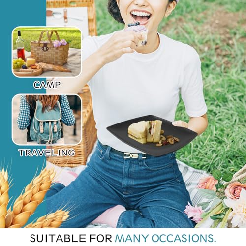 Teivio 88-piece With Flatware Plastic Kitchen Wheat Straw Square Dinnerware Set for 8, Unbreakable Dinner/Salad/Appetizer Plates, Snack Bowls, Dipping Sauce Cups,Tumblers, Dishwasher Safe Dish,Black ﻿ - color: Black