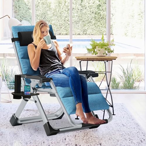 Slsy Zero Gravity Chair, Reclining Lounge Chair with Removable Cushion & Tray for Indoor and Outdoor, Patio Recliner Folding Reclining Chair - color: Linen Ocean Blue, style: Zero Gravity Chair