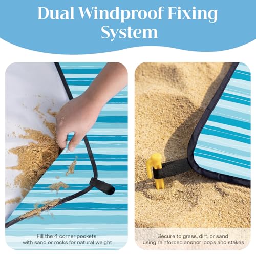 OIGAE 7x7ft Sandproof Beach Blanket - Large Waterproof Picnic Mat for 3-4 People, Lightweight Sand Free Mat for Summer Vacation with 6 Stakes & 4 Corner Pockets for Beach, Camping, Festivals - color: Blue Wave Stripes, size: 7x7 Ft (2～4 person)