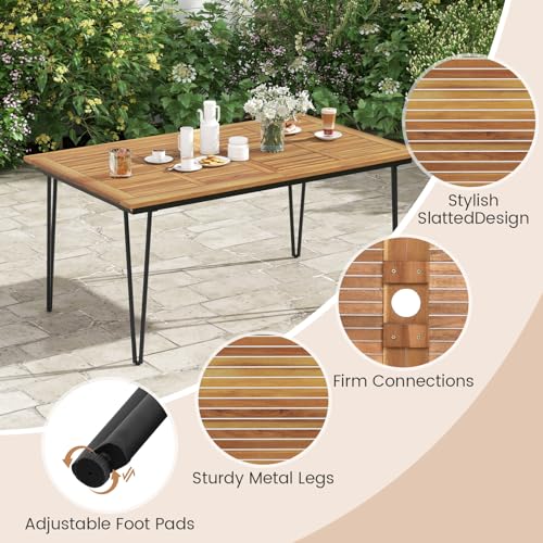 Tangkula 63" Large Patio Dining Table for 6, Acacia Wood 6-Person Dining Table with 2" Umbrella Hole & Metal Legs & Adjustable Foot Pads, Rectangular Outside Table for Garden, Poolside & Backyard - size: 63"
