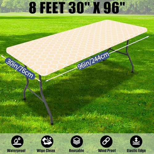 Smiry 2 Pack Rectangle Table Cloth 8 Foot, Waterproof Elastic Fitted Tablecloths, Windproof Washable Polyester Table Cover for Picnic, Camping, Outdoor (Beige, 30"x96") - color: Beige, size: 30"x96"