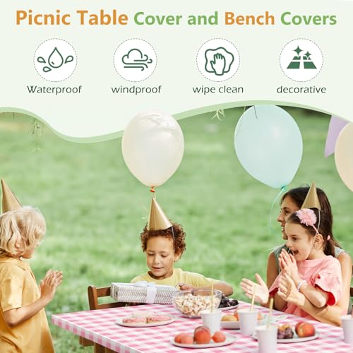 Picnic Table Cover with Bench Covers and Bag, Camping Table Camping Essentials Cover with Elastic Edges(Pink) - color: Pink