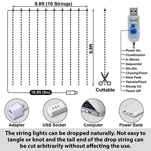 HXWEIYE 300LED Fairy Curtain Lights, 9.8x9.8Ft USB Plug-in 8 Modes Christmas String Hanging Lights with Remote for Bedroom Backdrop Wedding Indoor Wall Decor, Blue, Tangle-Free – 1 Pack - color: Blue, size: Regular