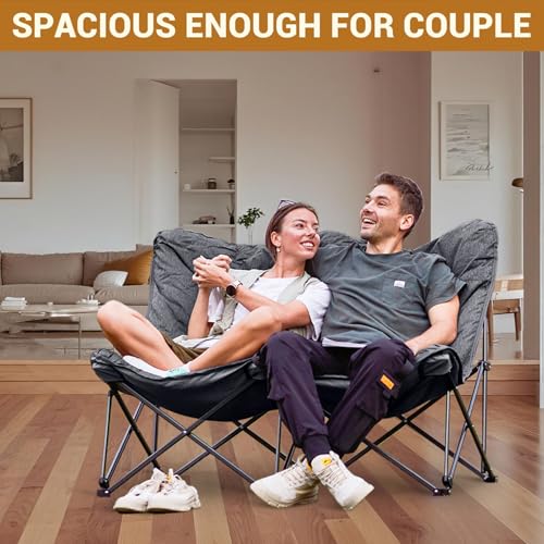 KingCamp Double Camping Chair, Oversized Padded Butterfly Chair Couch Portable Folding Loveseat 600lbs Heavy Duty Comfy Dorm Double Seat with High Back for Outdoor Indoor Patio Home Living Bed Room - color: Loveseat Khaki