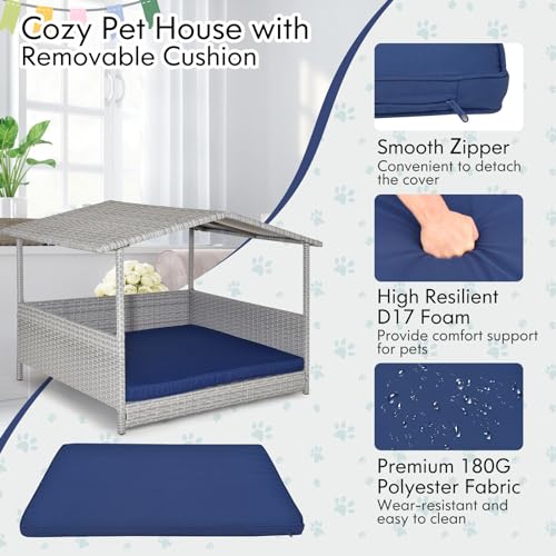 Tangkula Wicker Dog House, Indoor Outdoor Raised Rattan Dog Bed w/Removable Cushion, Washable Cover, Weatherproof Roof, Rattan Puppy Shelter w/Elevated Floor for Small Medium Dogs (Grey & Navy) - style: Grey House & Navy Cushion