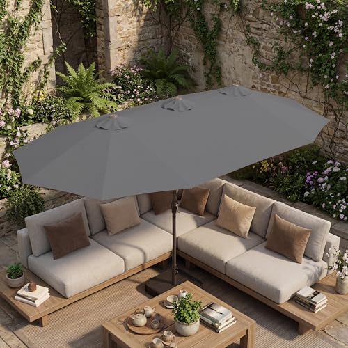 JEAREY 15ft Large Patio Umbrella with Base, Outdoor Rectangle Umbrella Double-Sided Market Umbrella with Stand for Pool, Deck, Backyard and Garden, Gray - color: Gray