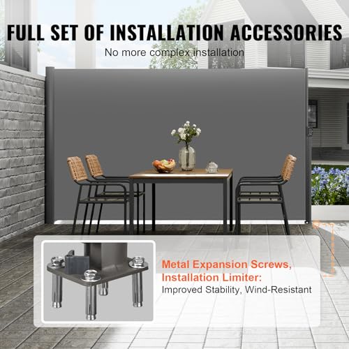 VEVOR Retractable Side Awning, UV 50 71''x118'' Full Aluminum Rust-Proof Outdoor Privacy Screen, 280 g Thicken Folding Room Divider Fence & Wind Screen for Backyard, Balcony, Roof Terraces, Grey - color: Gray, size: 71''*118''