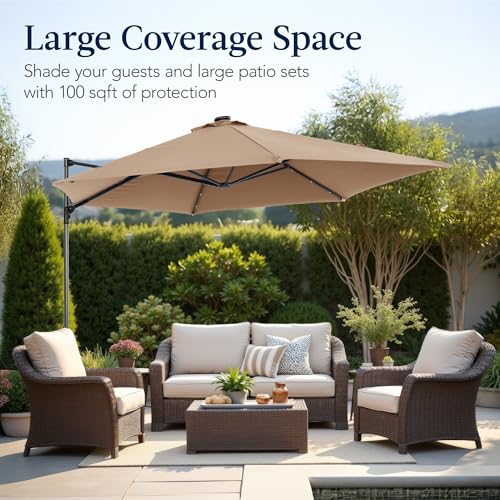 Best Choice Products 10ft Solar LED Offset Cantilever Hanging Market Patio Umbrella, Smooth 360° Rotation, 8 Sturdy Ribs, Easy Adjustment - Tan - color: Tan, size: Offset w/ 360° Rotation