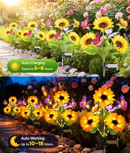 KOOPER Solar Garden Lights Outdoor Decor, Upgraded 4 Pack Solar Sunflower Lights with 16 Butterflies, Solar Flowers Outdoor Waterproof for Yard Lawn Garden Decor, Sunflower Gifts for Mom Women Grandma