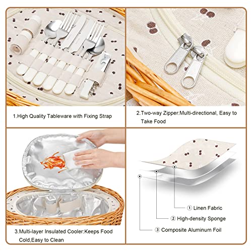 Wicker Picnic Basket for 2 with Large Insulated Cooler Compartment and Folding Table, Cutlery Service Kits, Willow Hamper Set with Woven Handles for Camping, Outdoor, Party(Beige)