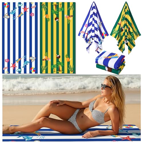 Beach Towels Set 2 Pack Oversized Microfiber Sand Free Quick Dry Towel Dolphin Starfish Coconut Tree Pineapple Print Large Lightweight Travel Pool Swim Yoga Camping Bath Blanket for Adults - color: Blue White, Yellow Green