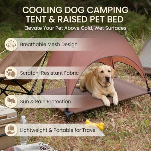 Outdoor Elevated Dog Cot, Portable Pet Bed with Removable Shade Water Resistant, Breathable Cooling Dog Camping Tent for Large Dogs Indoor Outdoor Backyard Camping Beach