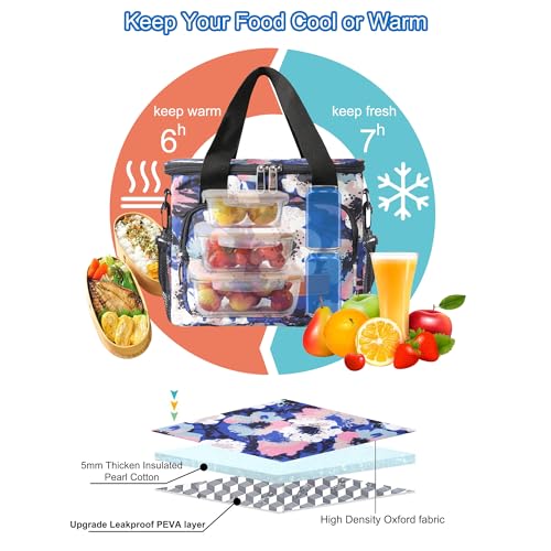 Femuar Lunch Bags for Women/Men, Insulated Lunch Bag for Work Office - Lunch Cooler Bag Leakproof Lunch Box with Adjustable Shoulder Strap - Ink foral - color: Ink foral, size: Medium Size
