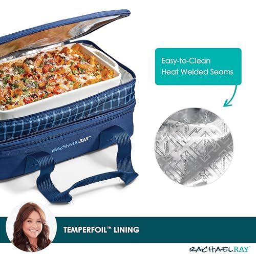 Rachael Ray Expandable Insulated Casserole Carrier for Hot or Cold Food, Thermal Lasagna Lugger Tote for Potluck, Parties, Picnic, and Cookouts, Fits 9" x 13" Baking Dish - color: Blue Gingham