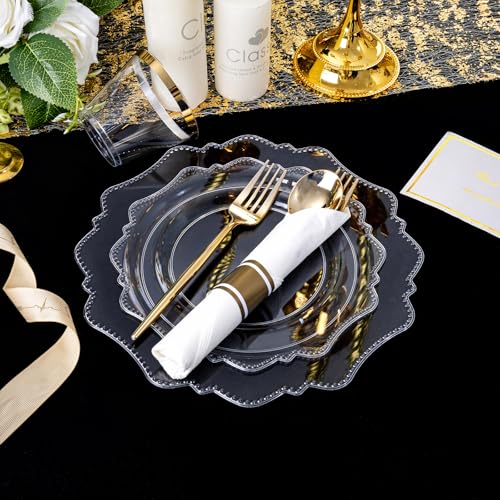 COLOSUS 350pcs Clear Plastic Plates Disposable Gold Cutlery Dinnerware set for party: 50 Dinner Plate, 50 Dessert Plate, 50 Per Rolled Napkins with Gold Silverware, 50 Cups 9 OZ for Thanksgiving - color: Clear