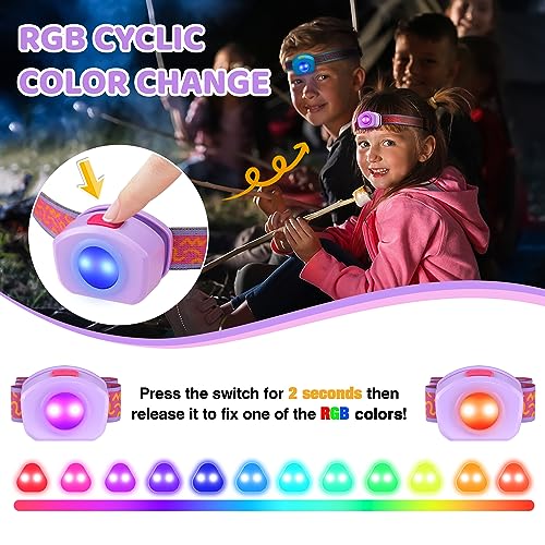 EverBrite LED Headlamp Rechargeable Kids Headlamp with RGB Mode and Adjustable Headband, 3 Modes Multicolor Headlamp for Kids, Bright Kids Head Lamp for Camping, Reading, Exploring, Hiking, Birthday - color: Sweety