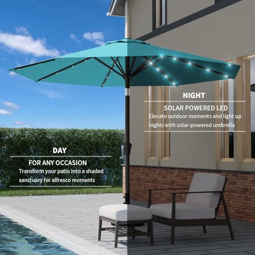 9FT Patio Umbrella with Solar Lights,Outdoor Market Umbrella with Tilt and Crank, LED Lighted Table Umbrella for Garden,Deck,Backyard,Pool,Beach (Peacock Blue) - color: Peacock Blue