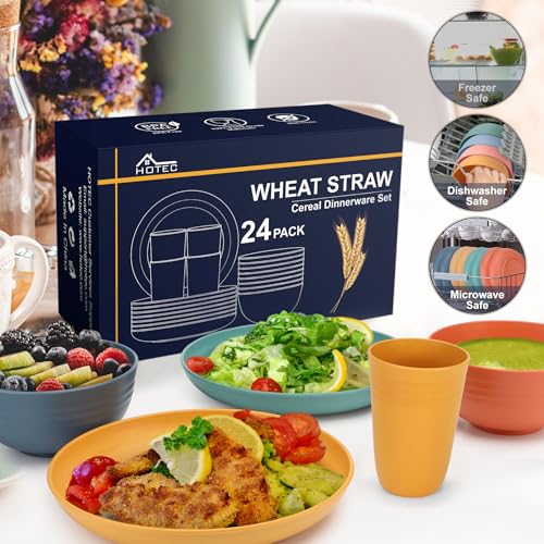 HOTEC 24-Pack Unbreakable Kitchen Plastic Wheat Straw Dinnerware Set – BPA-Free Plates, Bowls & Cups | Lightweight, Microwave & Dishwasher Safe | Multicolor Reusable Tableware for Home & Outdoor Use