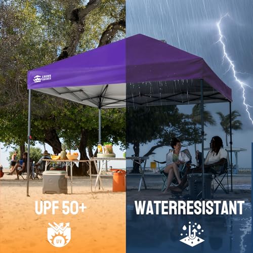 CROWN SHADES 10x10 Pop Up Canopy - Patented Center Lock One Push Instant Outdoor Canopy Beach Tent with STO-N-Go Bag 8 Stakes & 4 Sand Bags，Purple - style: Purple