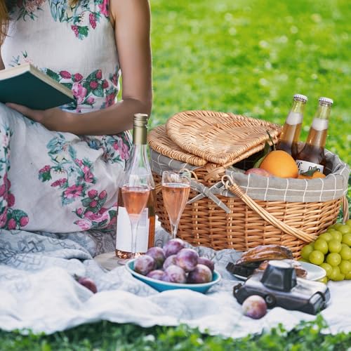 Happypicnic Wicker Picnic Basket with Handle, 15" Large Empty Picnic Basket with Lid & Removable Liner, Vintage Hand Woven Basket for Picnics, Camping, Veg Picking, Mother's Day, Thanksgiving (Check) - color: Grey Check, size: Large