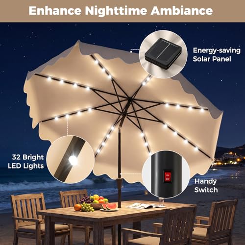 Tangkula 10 FT Solar Patio Umbrella with Base Included, 2-Tiers Outdoor Scalloped Table Umbrella with 32 LED Lights, 2 Sandbags, Tilt Adjustment, Crank, 8 Ribs for Market Backyard Pool Deck Beach Lawn (Beige, 10 FT) - color: Beige, size: 10 FT