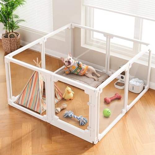 Clear Acrylic Dog Playpen Indoor,Tool-Free Assembly & Easy Clean,24 in Puppy Playpen with Door for Small Dogs/Cats/Rabbits/Pigs/Ferret,Indoor and Outdoor Use,8 Panels(White