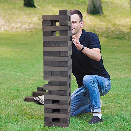 Juegoal 54 Pieces Giant Tumble Tower Blocks Game Giant Wood Stacking Game with 1 Dice Set, Gameboard, Canvas Bag for Adult, Kids, Family, Grey - color: Grey, size: Large