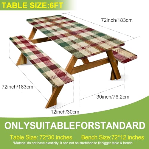 ANNA QUEEN Classic Plaid Picnic 6FT Picnic Table Cover with Bench Covers Set of 3 with Drawstring Bag, Checkered 72"x30" Waterproof Picnic Tablecloth & Bench Covers for Outdoor BBQ - color: #56