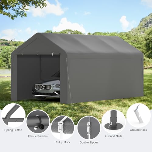 Carport, 10‘ x 20’ Heavy Duty Portable Garage All-Season Car Canopy w/Removable Sidewall & Doors, Carport Canopy Party Tent w/Water-Resistant Tarp for Backyard (Grey, 10‘ x 20’) - color: Gray, size: 10' x 20' /with side