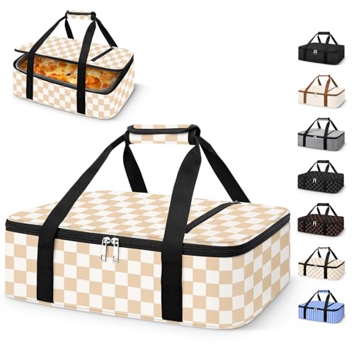 Coobiiya Insulated Casserole Carrier,Lasagna Lugger Tote Keeps Food Hot or Cold,Thermal Lunch Bag Warmer & Cooler Carrier Bag,Portable Tote Bag Fits 9" x 13" Baking Dish for Picnic and Cookout - color: Beige Grid, size: Single Layer: 15.75 × 11.8 × 4.7 in