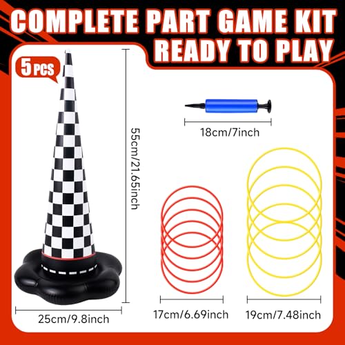 5 Pack Inflatable Ring Toss Games for Kids - Black Checkered Racing Themed Party Games Set with 10 Plastic Rings and Pump, Indoor Outdoor Carnival Garden Toy & Party Favors - color: Black White