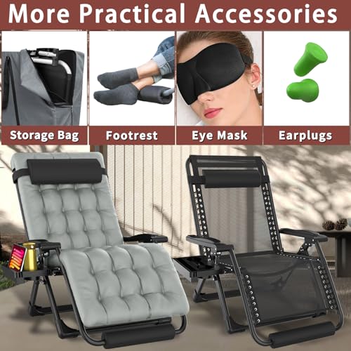 Oversized Zero Gravity Chair with Cushion XXL, 33In Padded Lounge Chair, Recliner Camping Chair W/Full-Alu Alloy Lock, Cushion, Storage Bag, Footrest, Cup Holder, Folding Chair Support 500lbs, Gray - color: 33in - Grey