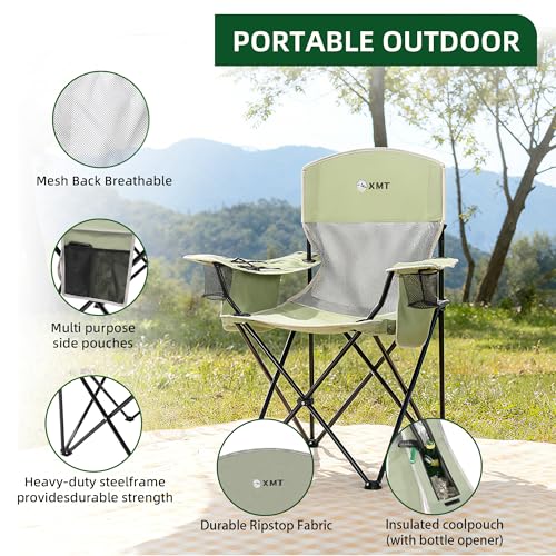 Portable Outdoor Folding Chair with Cup Holder & Cooler Bag - Breathable Mesh, Wide Armrests, Ergonomic Design for Camping, Beach, Backyard - Includes Storage Bag & Bottle Opener (Black/Green/Red) - color: 01-green