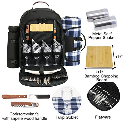 Sunflora Picnic Backpack for 4 Person Set Pack with Insulated Waterproof Pouch for Family Outdoor Camping (Black) - color: Black, size: 4 person