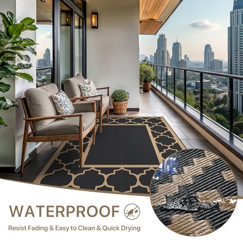 GENIMO 6' x 9' Outdoor Rug Waterproof for Patio Decor, Foldable Reversible Plastic Straw Area Rugs Mat for Camper, Outside Carpet for Rv, Deck, Porch, Picnic, Beach, Balcony, Black & Brown - color: Black&brown, size: 6' x 9' (Rectangular)