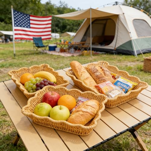 3-Pack Wave Shaped Woven Dining Basket Set - Imitation Rattan Picnic Fruit Baskets & Table Trays for Family Gatherings, Outdoor Camping, and Housewarming Gifts - size: 3