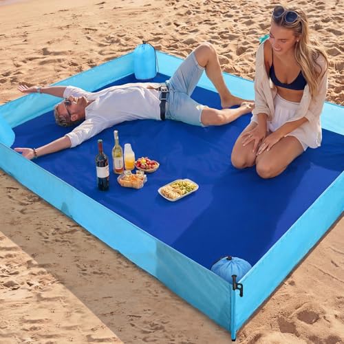 Breling Beach Blanket Waterproof Sandproof 73 x 56 Inch Large Waterproof Beach Blanket Portable Sand Free Picnic Mat with Side Walls 4 Sandbags and Stakes for Family Parks Outdoor Camping Vacation