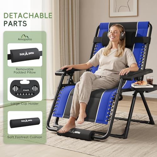 Amopatio Foldable Zero Gravity Chair Oversized Outdoor Reclining Chair 500LB Weight Capacity XXLPatio Recliner with 0-170° Adjustable Backrest Heavy Duty Lounge Chair with Cup Holder,Blue-Black - color: Blue-black, style: 33in-1pc