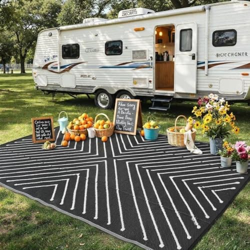 Garvee 5x8 Black and White Striped Outdoor Waterproof Rug Reversible Plastic Straw Patio Mat, Portable RV Camping Rug Quick Dry for Picnic, Beach, Balcony, Deck UV Protected & Lightwight, Black&White - color: Blackwhite, size: 5' x 8' (Rectangular)
