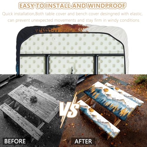 Picnic Table Cover with Bench Covers Elastic Edges, Outdoor Patio Camping Essentials 72 Inch 3PCS, Waterproof Camping Fitted Tablecloth with Handbags (Boho mountain) - color: Mountain View