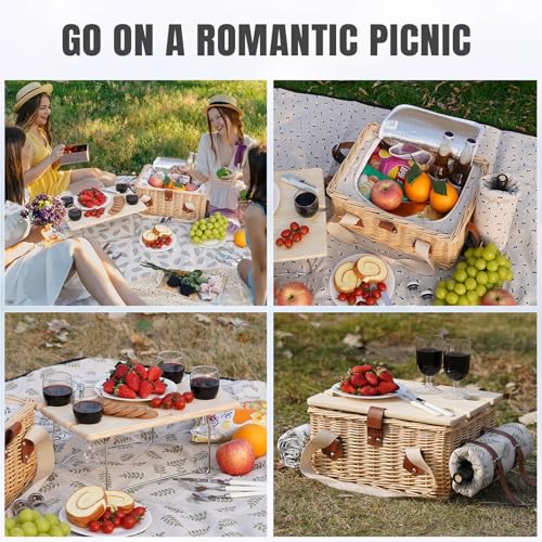 HappyPicnic Picnic Basket for 4, Handmade Wicker Picnic Set with Folding Table and Waterproof Blanket, Large Insulated Picnic Basket with Wine Bag & Cutlery Kit for Picnic, Camping, Holidays (Leaf) - color: Leaf, size: 4-person Set
