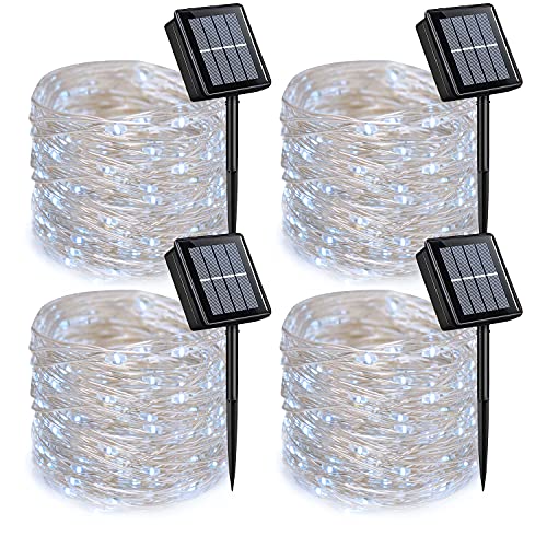 QITONG 4 Pack Solar Fairy Lights, Each 33ft 100 LED White Christmas String Light Outdoor Waterproof, 8 Modes Silver Wire Christmas Twinkle Mini Lights - color: White, size: 4Pack*100LED